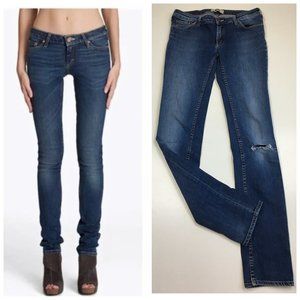 ACNE KEX SLOW Med Wash Ripped Knee 5 Pocket Logo Hardware Jeans